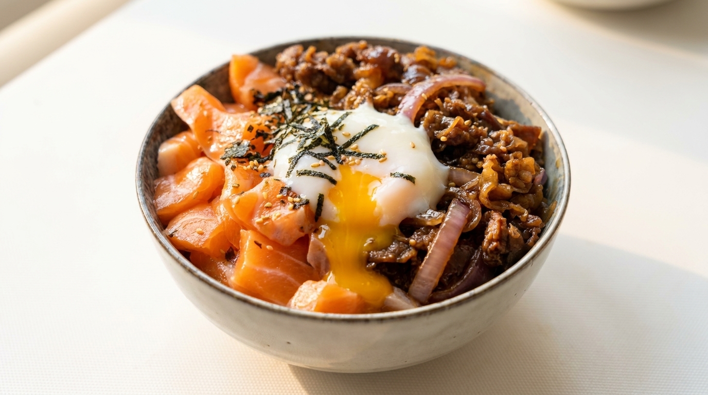연어 소고기 온센다마고 돈부리