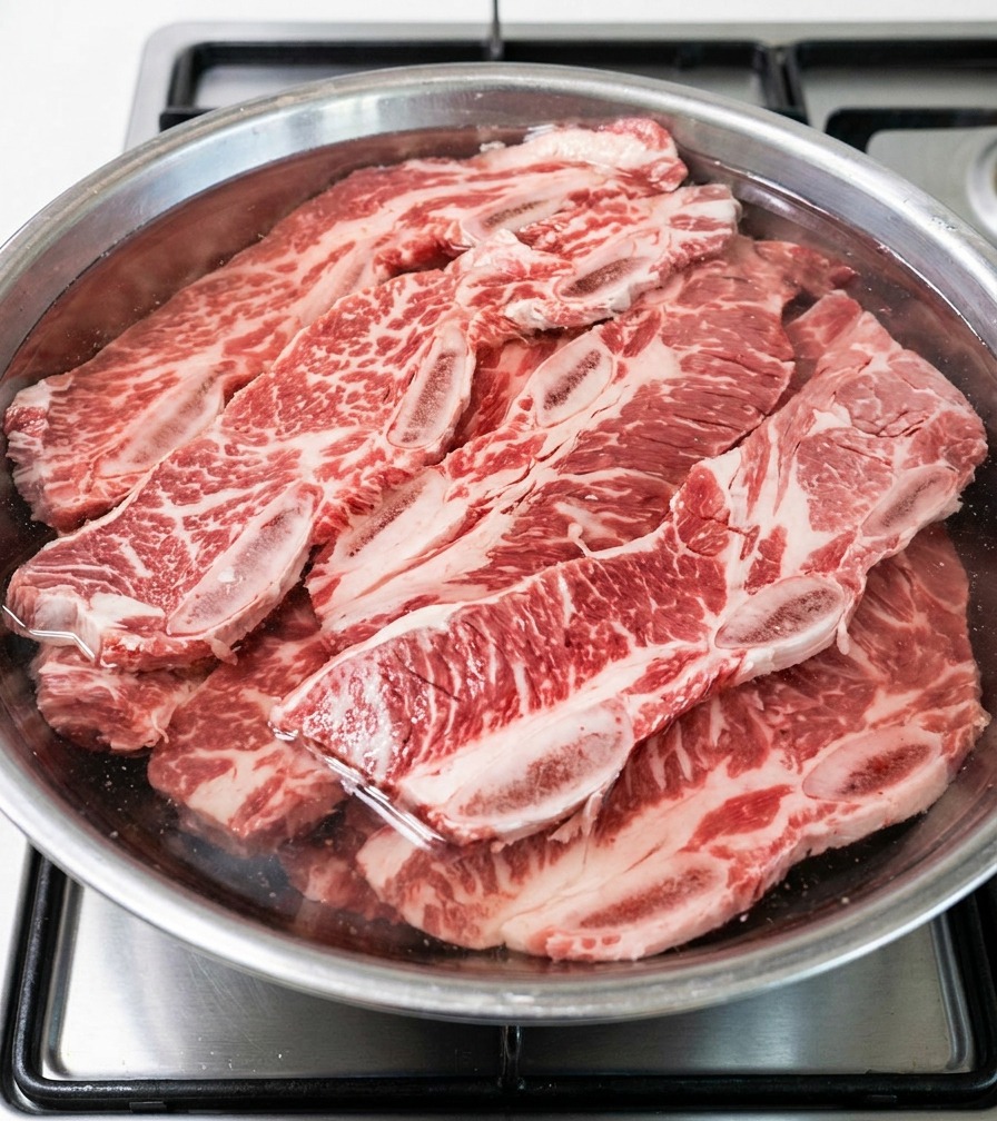 물과 미림이 섞인 볼에 담긴 소갈비가 조리대 위에서 숙성되는 모습