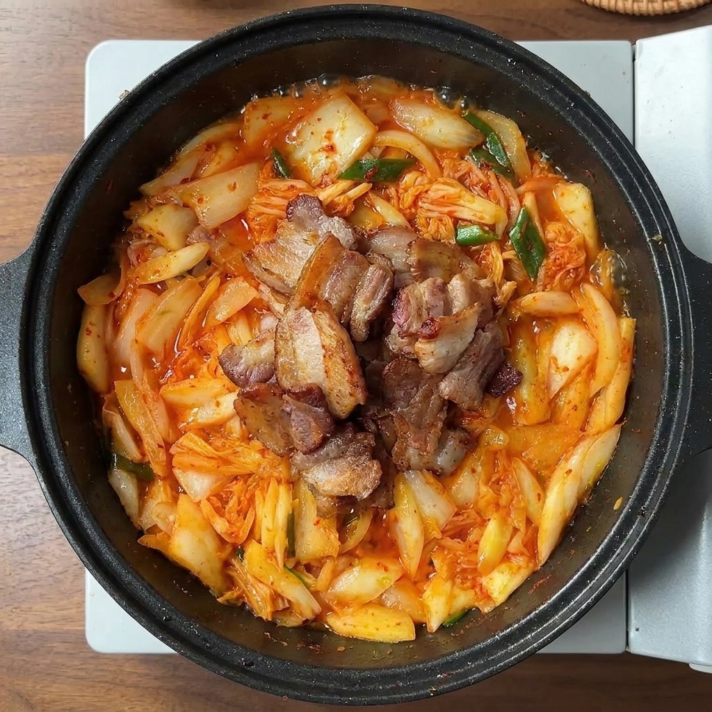 볶은 김치와 양파 위에 구워둔 삼겹살을 올린 모습