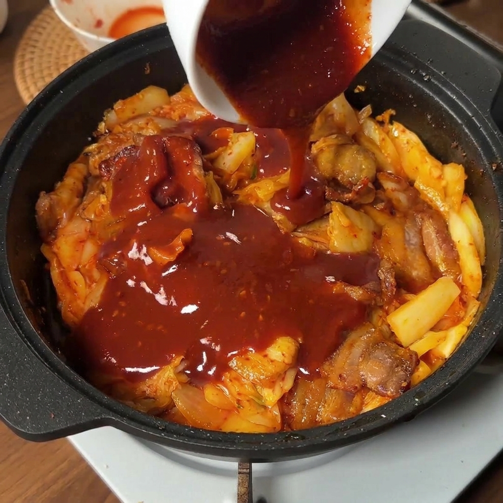삼겹살과 김치 위에 진한 빨간색 양념장을 붓는 모습