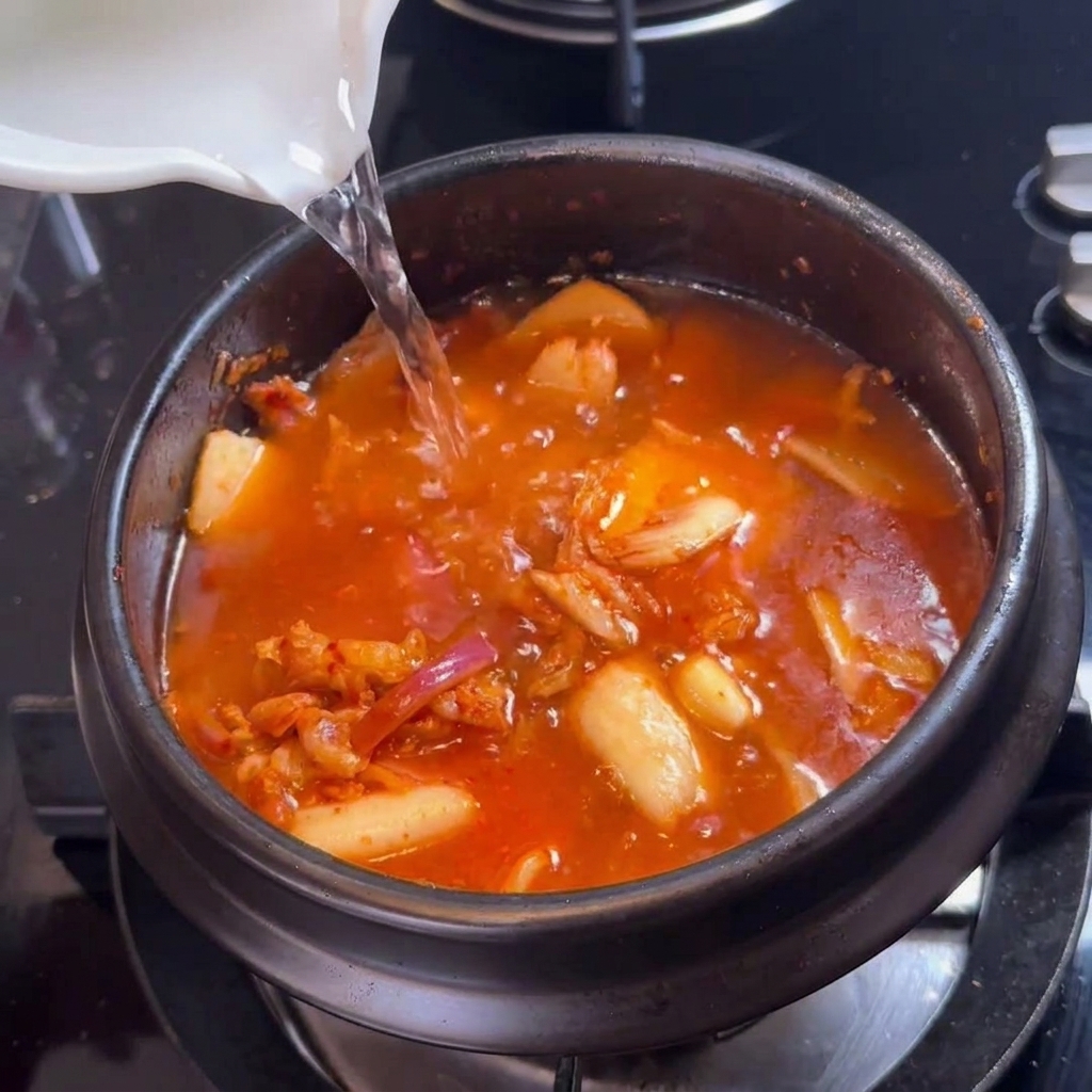 김치와 고기가 담긴 어두운 색 뚝배기에 하얀 주전자로 깨끗한 물을 붓는 모습.