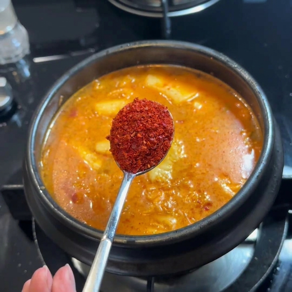 끓고 있는 찌개에 선명한 붉은색 고춧가루를 한 스푼 넣는 모습.