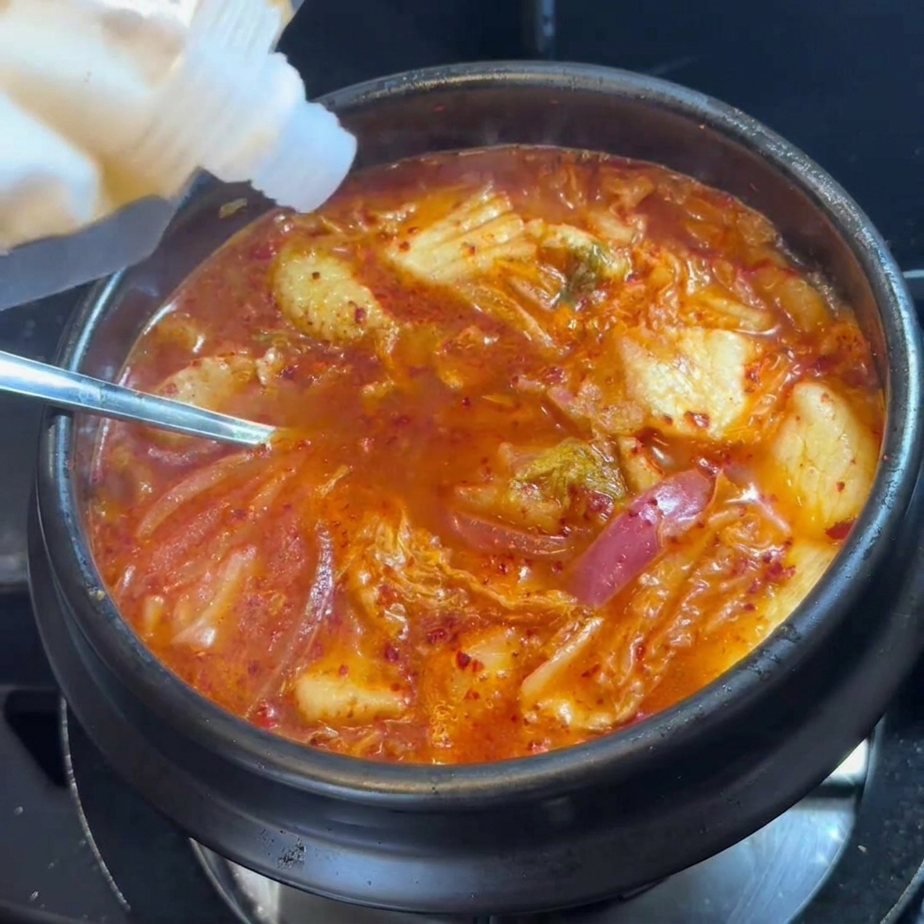 끓고 있는 김치찌개 위로 하얀 설탕을 뿌리는 모습.