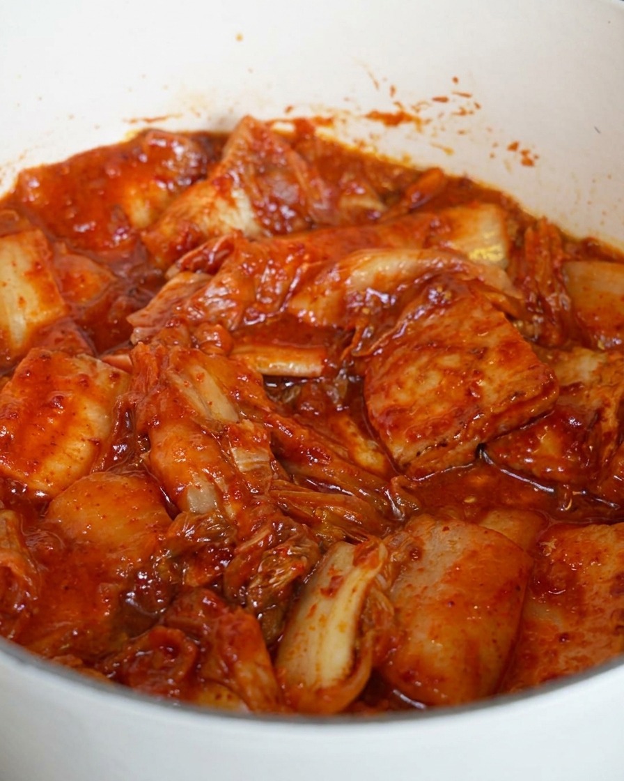 냄비 안에서 삼겹살과 김치가 양념과 함께 맛있게 볶아지는 모습