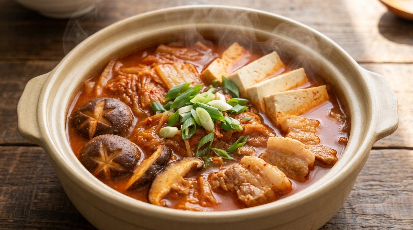 김이 모락모락 나는 뚝배기에 담긴 삼겹살, 두부, 표고버섯이 듬뿍 들어간 김치찌개