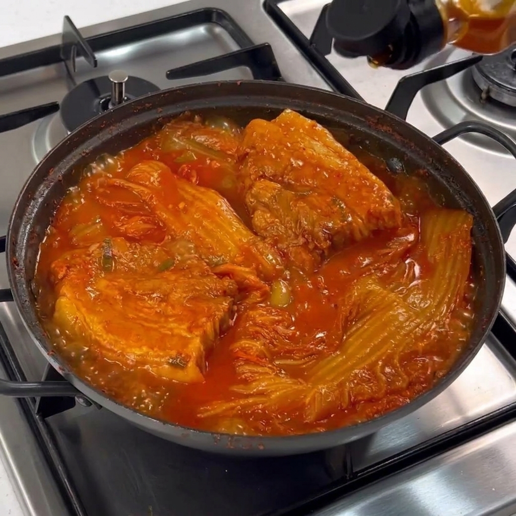잘 익은 김치찜 위로 들기름을 가볍게 둘러 마무리하는 모습.