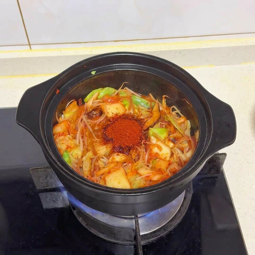 채소 위에 붉은 고춧가루가 뿌려진 모습