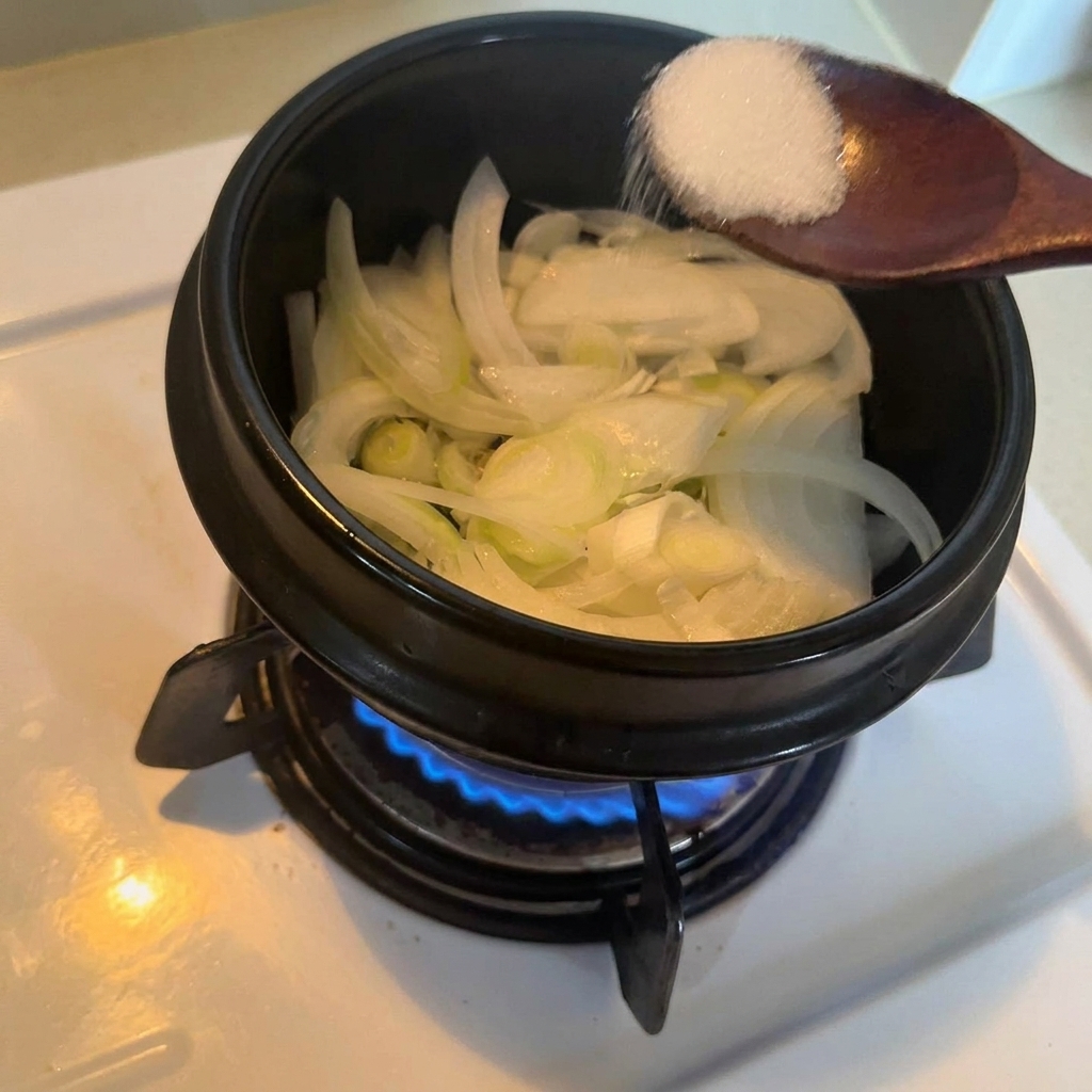 양파와 대파가 담긴 냄비에 나무 숟가락으로 설탕을 넣는 모습.