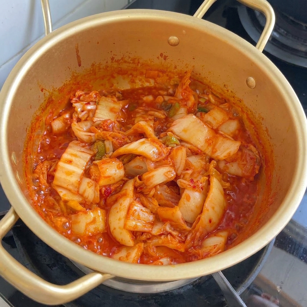 보글보글 끓는 김치 베이스에 진간장을 넣는 모습