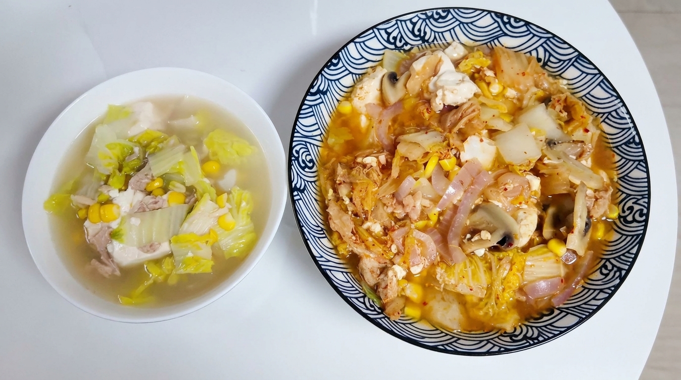 톡톡 터지는 옥수수를 더한 건강한 참치 김치 에그토푸찌개