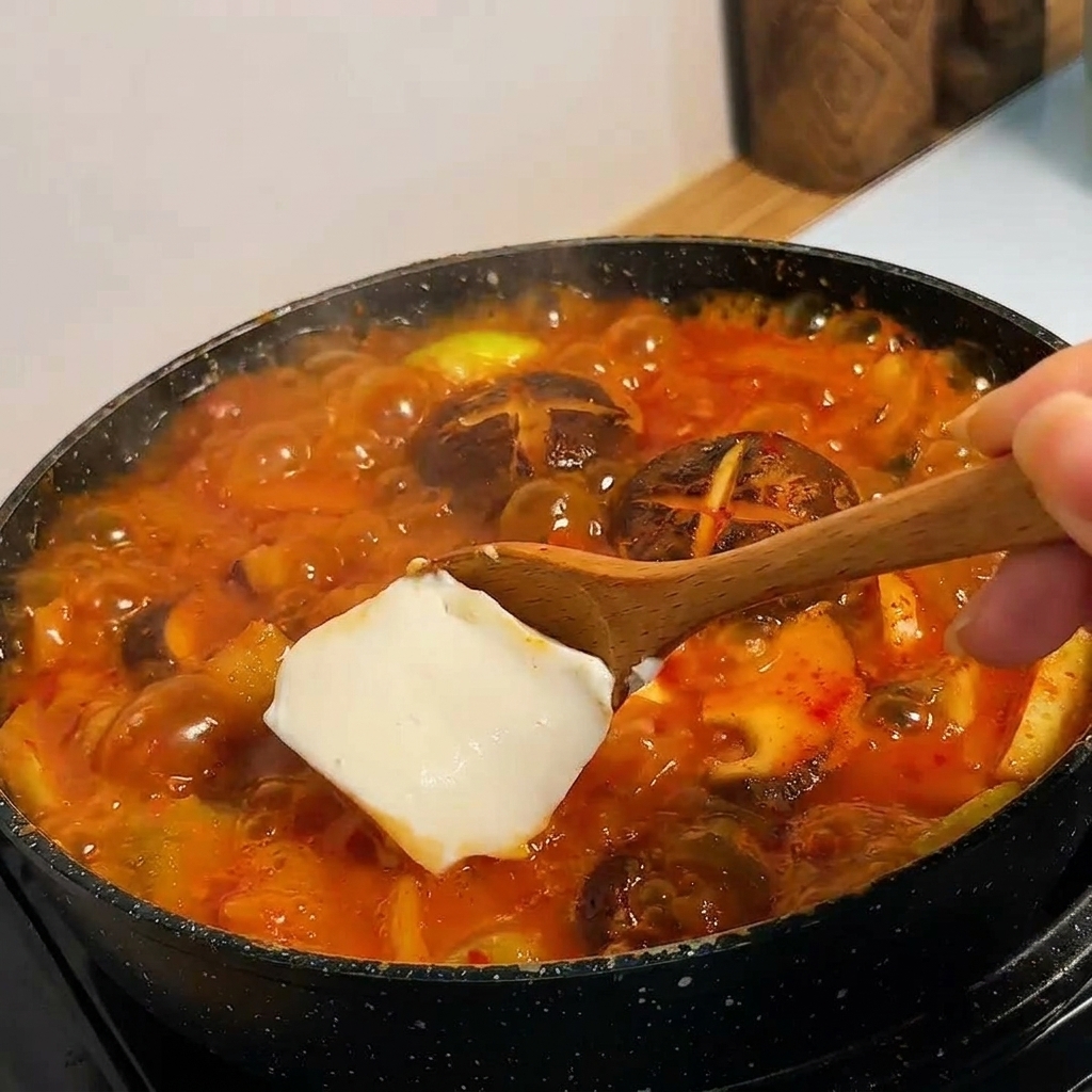 보글보글 끓는 국물에 하얀 순두부를 숟가락으로 떠 넣는 모습.