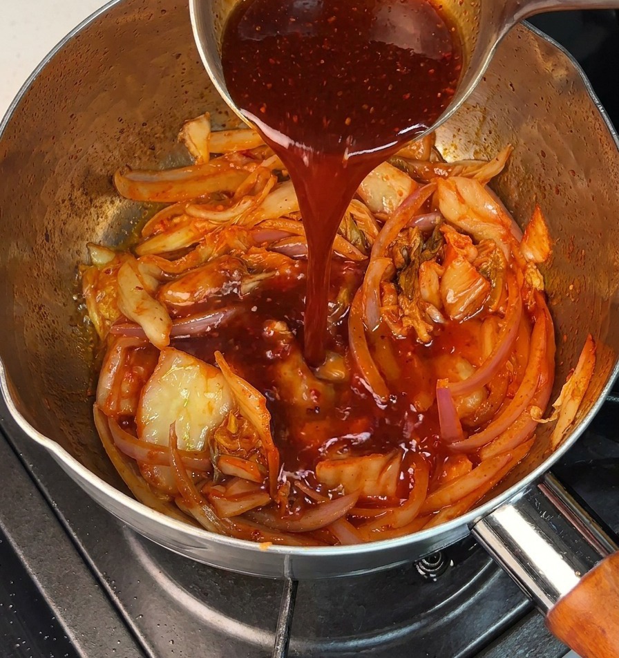 볶은 김치와 양파가 담긴 냄비에 빨간 양념장을 붓고 있는 모습