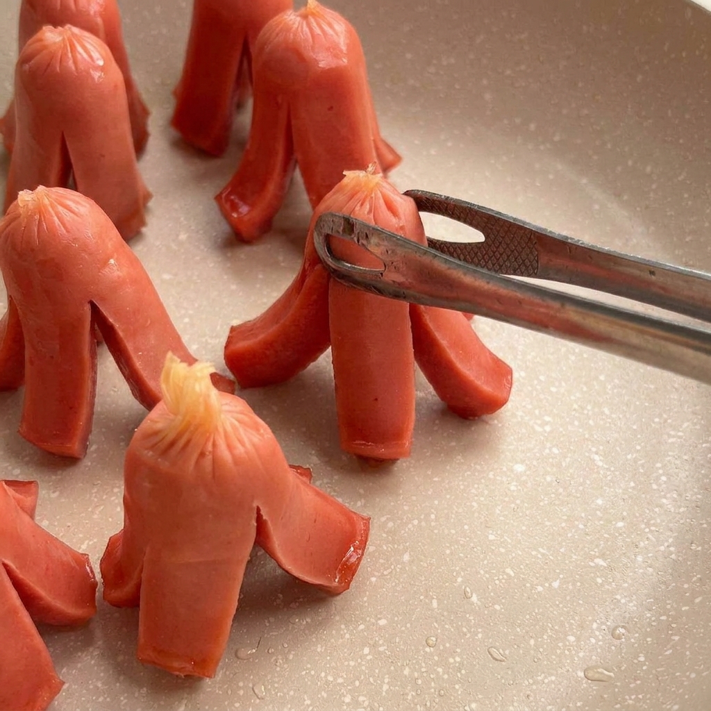 끝부분에 칼집을 낸 비엔나 소시지가 익으면서 문어 모양으로 변하는 장면