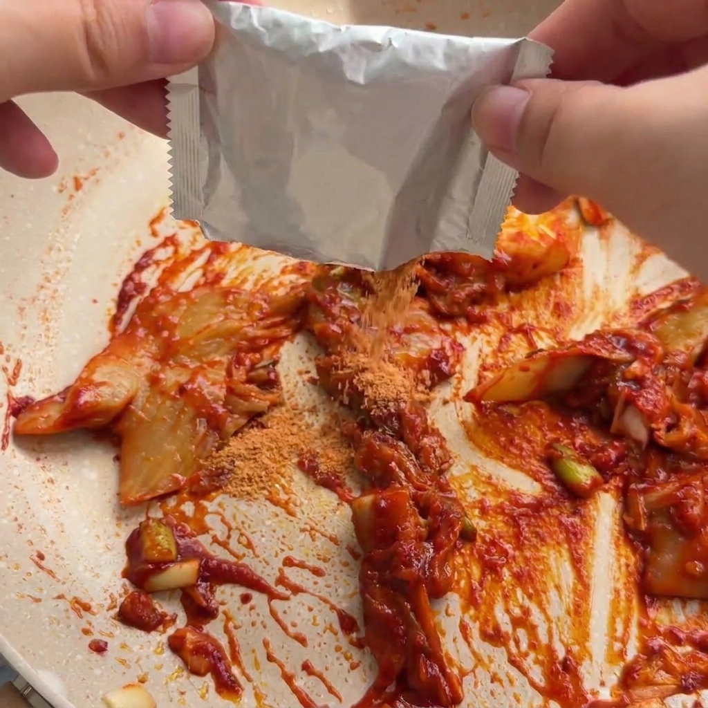 김치 양념 베이스 위로 라면 스프 가루를 솔솔 뿌리는 장면