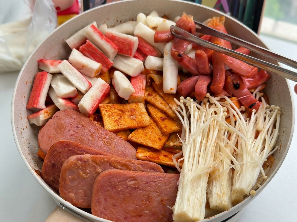 냄비 가장자리를 따라 햄, 소시지, 버섯, 맛살 등을 구역별로 예쁘게 담은 모습