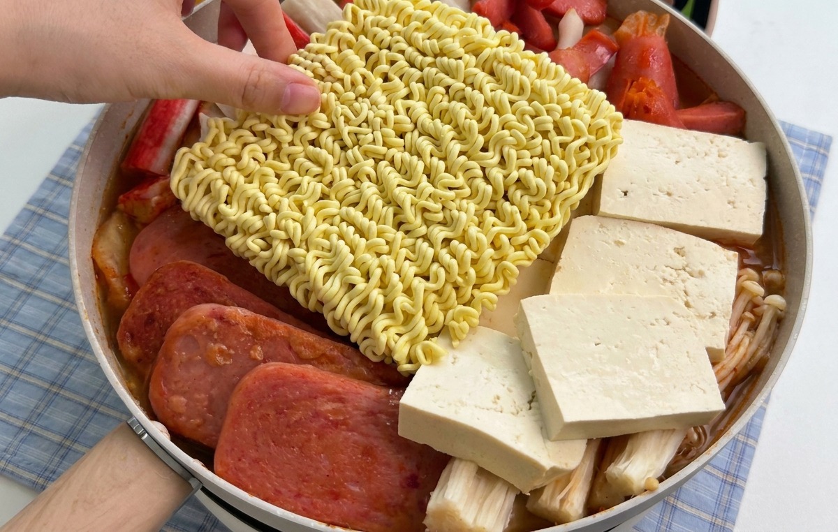 끓고 있는 찌개 한가운데에 라면 사리를 통째로 넣는 모습