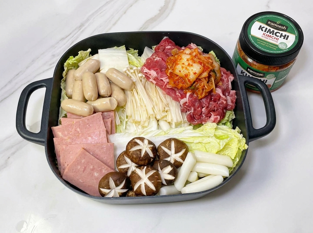 소고기, 소시지, 김치, 떡국떡 등이 화려하게 담긴 부대찌개 냄비.