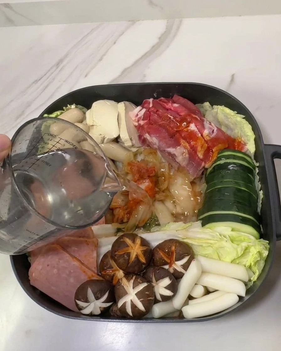 재료가 가득 담긴 냄비에 계량컵으로 물을 붓고 있는 모습.