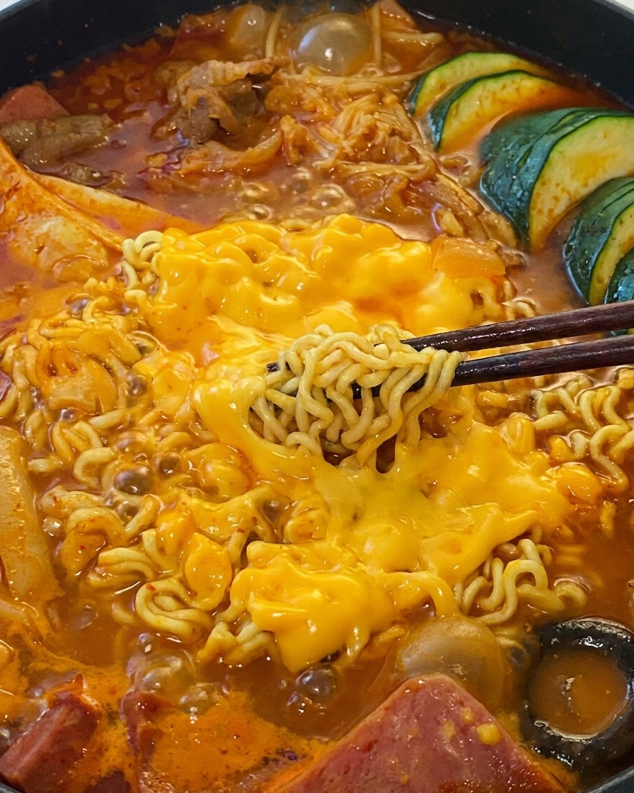 치즈가 녹아든 매콤한 국물에서 젓가락으로 라면 면발을 들어 올리는 모습.