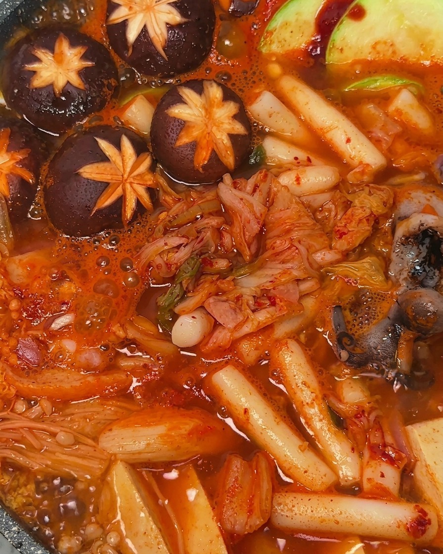 보글보글 끓는 찌개 중앙에 잘 익은 김치를 올리는 모습