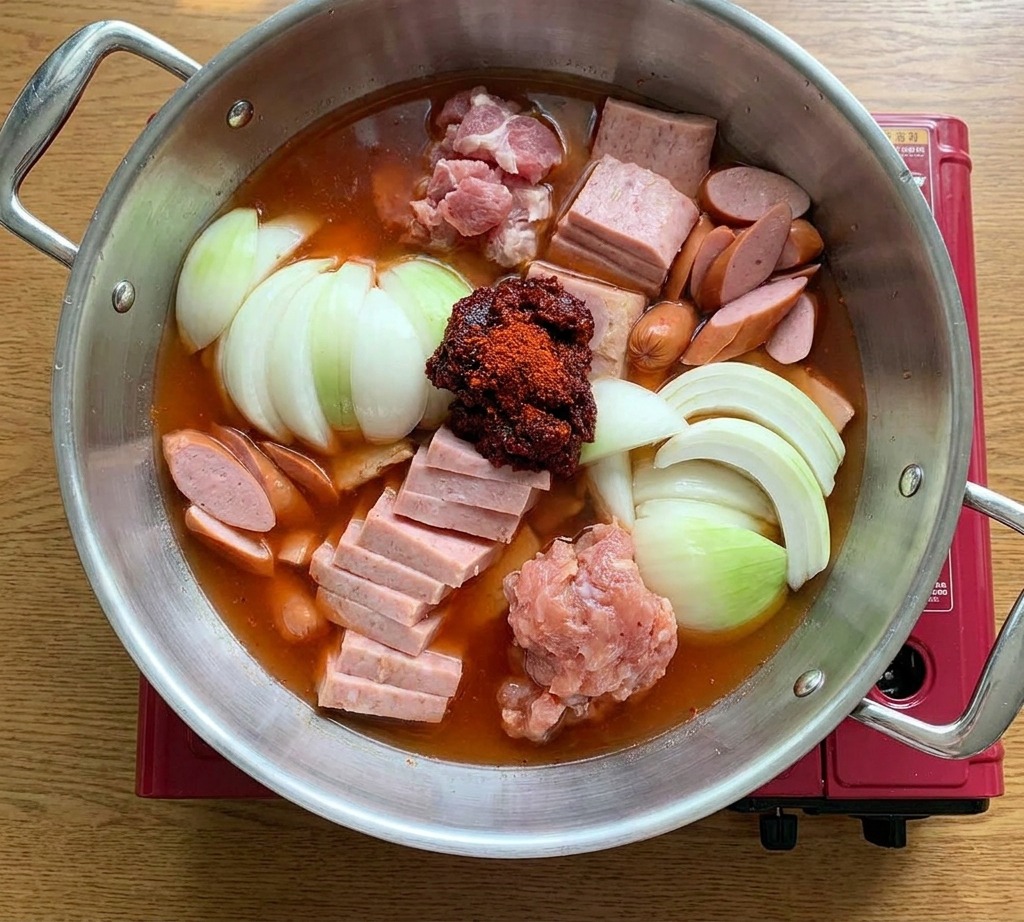 육수가 채워진 전골냄비 중앙에 붉고 매콤한 양념장을 듬뿍 올린 모습.