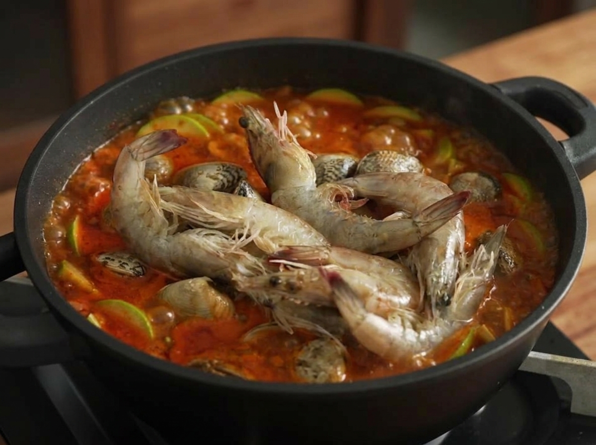 찌개 냄비 위에 손질된 생새우를 마지막으로 올리는 모습.