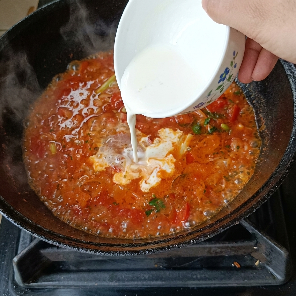 끓는 토마토 국물 위에 푼 계란을 부어 표면에 노란 계란 띠가 형성되는 모습.