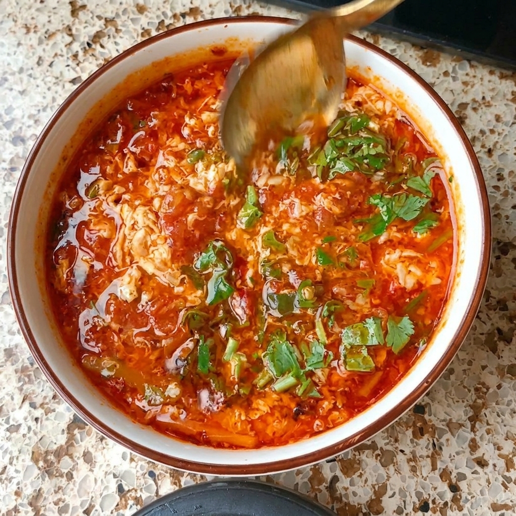 황금색 숟가락으로 붉은 토마토 계란 소스에 초록색 고수를 섞는 모습.