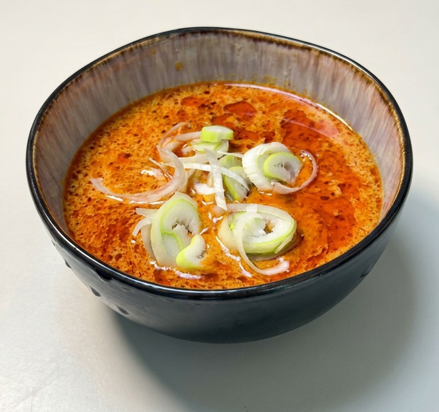 검은색 작은 그릇에 담긴 진한 카레 소스 위에 송송 썬 파를 뿌린 모습
