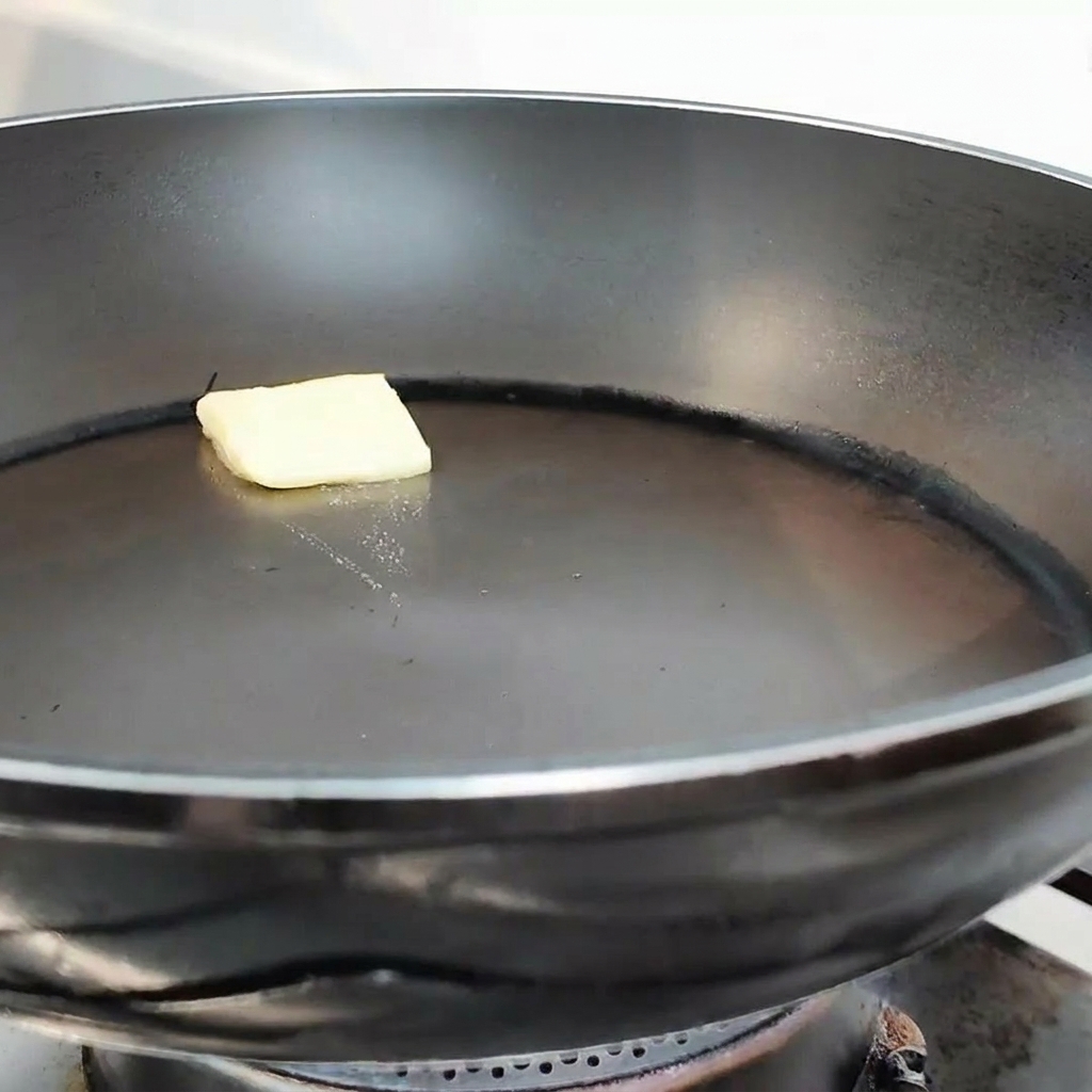 달궈진 팬 중앙에서 노란색 버터 조각이 부드럽게 녹는 모습