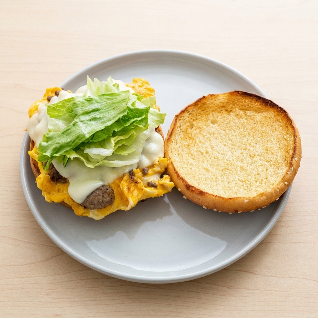 치즈 버거 패티 위에 신선한 녹색 상추 잎을 올리는 조립 단계