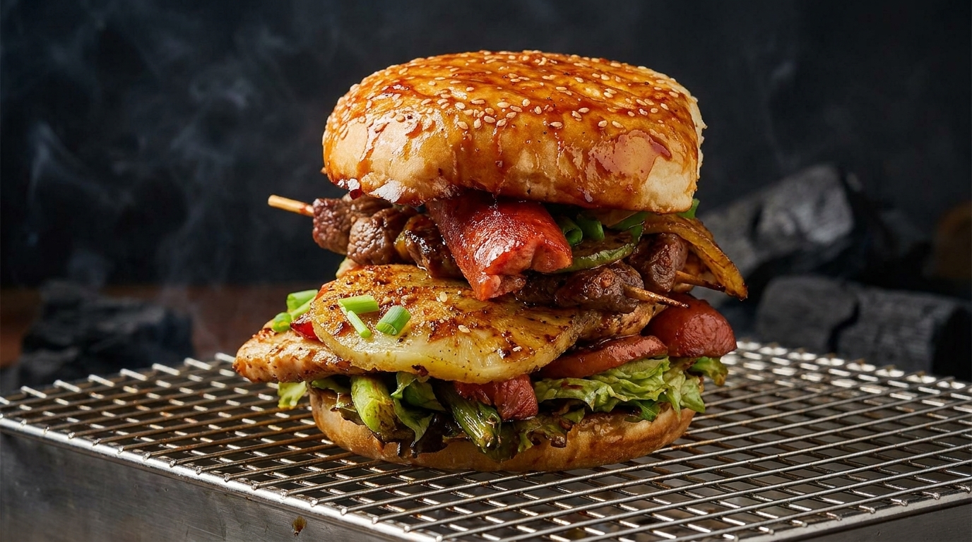 그릴에 구운 꼬치를 쌓아 올린 궁극의 BBQ 타워 버거