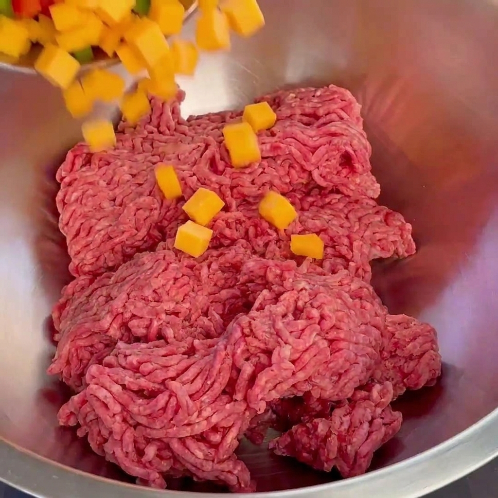 스텐 볼에 담긴 다진 소고기에 청피망과 큐브 체다 치즈를 넣는 모습.