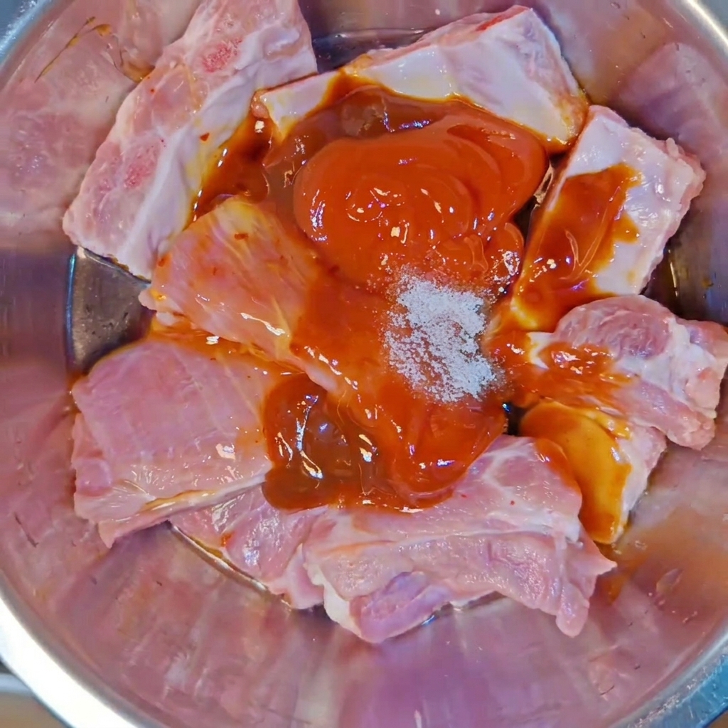 다양한 소스와 소금, 다진 양념 덩어리가 올라간 믹싱볼 속 돼지 등갈비