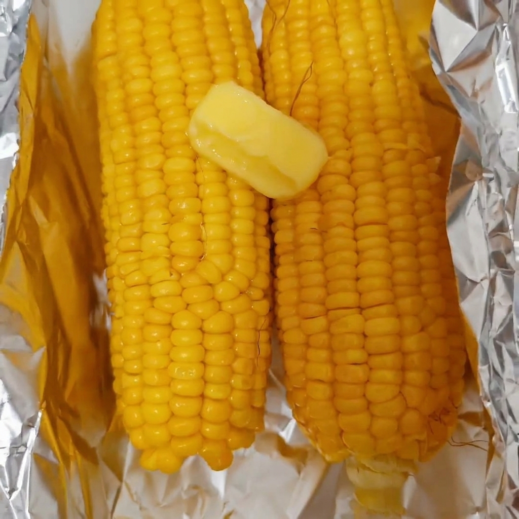알루미늄 호일 위에 올려진 갓 삶은 옥수수 두 개 위로 노란 버터 한 조각이 녹아내리는 모습