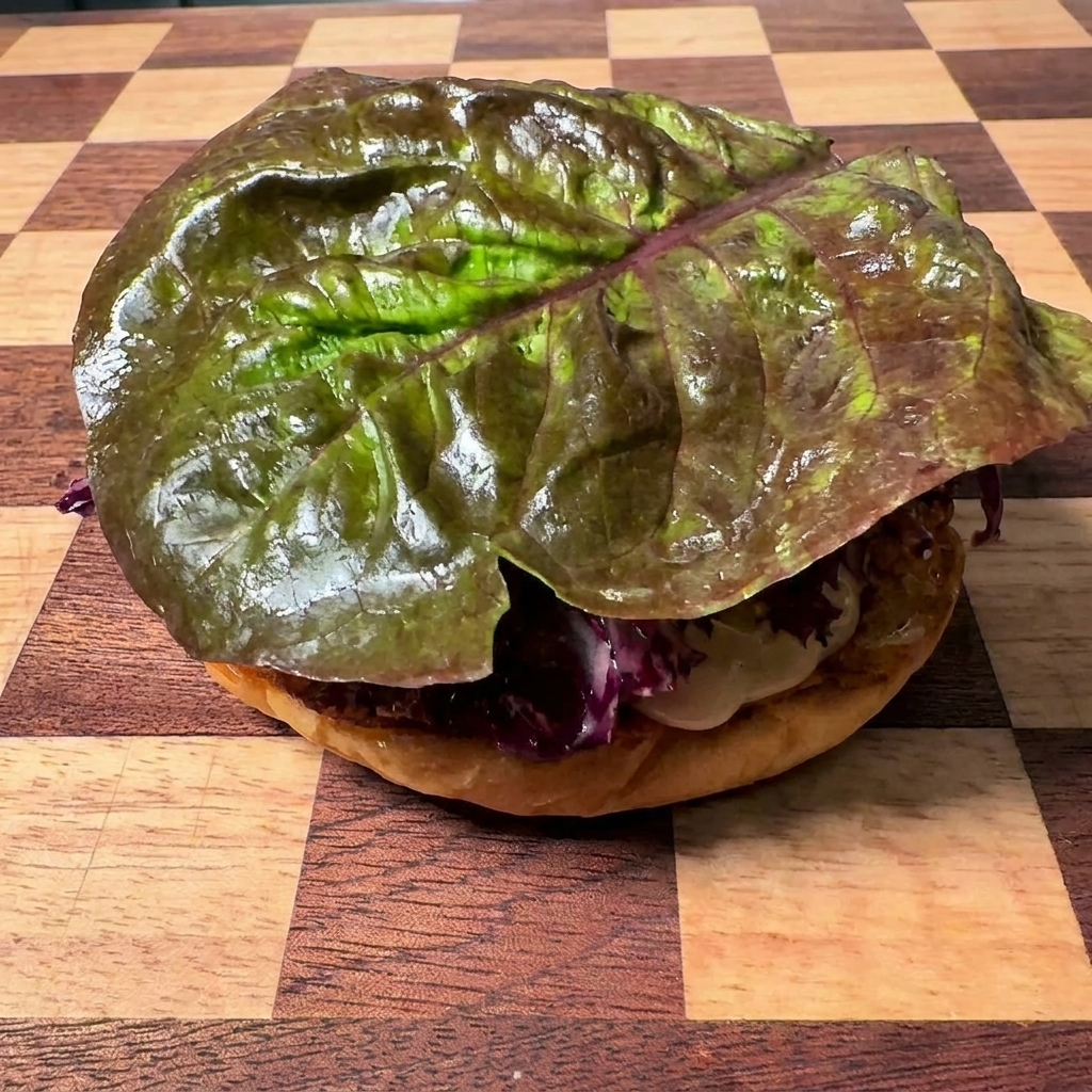 체크무늬 나무 도마 위 버거 번 위에 넓고 진한 녹색의 상추 잎이 올려져 있는 모습.