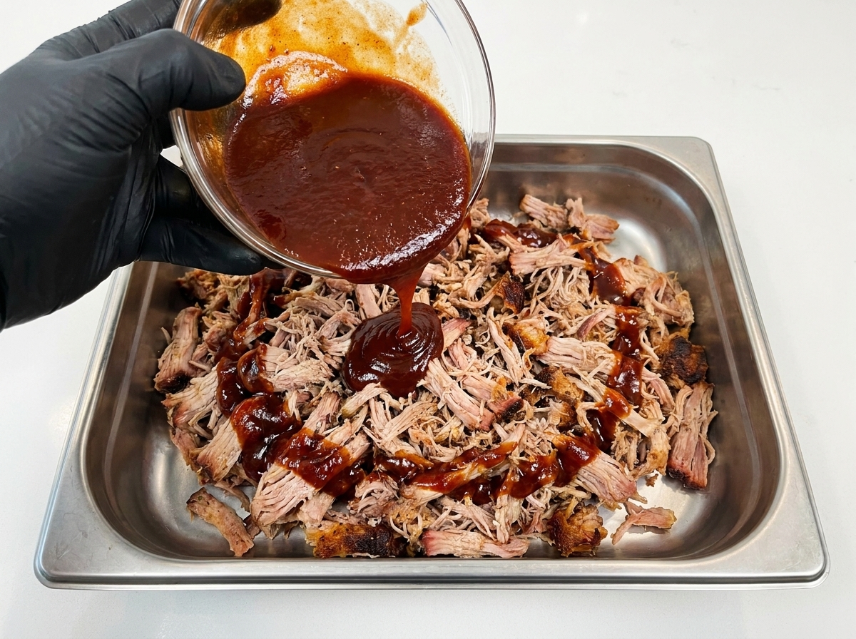 스테인리스 트레이에 담긴 풀드포크 위에 유리 볼에 담긴 진하고 어두운 색감의 BBQ 소스를 부어 섞는 장갑 낀 손.