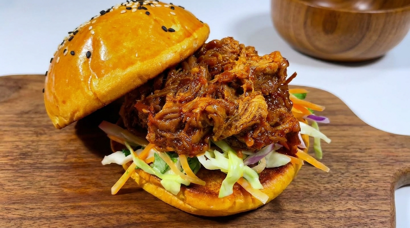홈메이드 코울슬로를 곁들인 BBQ 풀드포크 버거