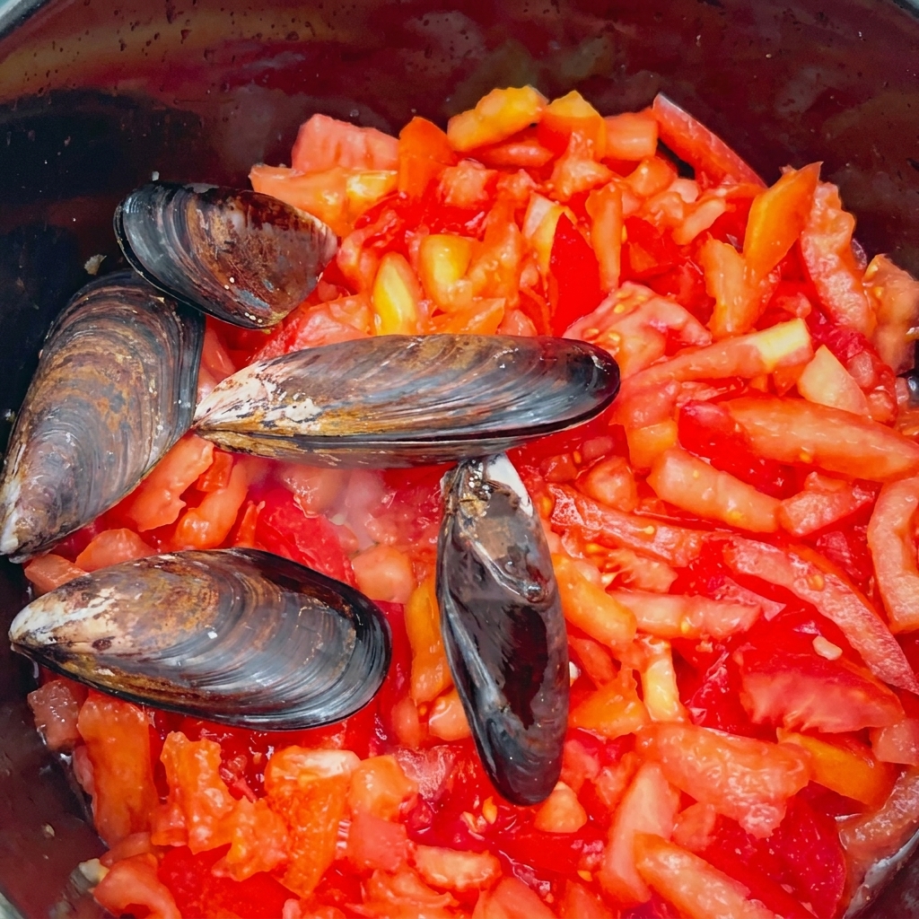 토마토 층 위에 깨끗이 손질된 통홍합을 올리는 모습.