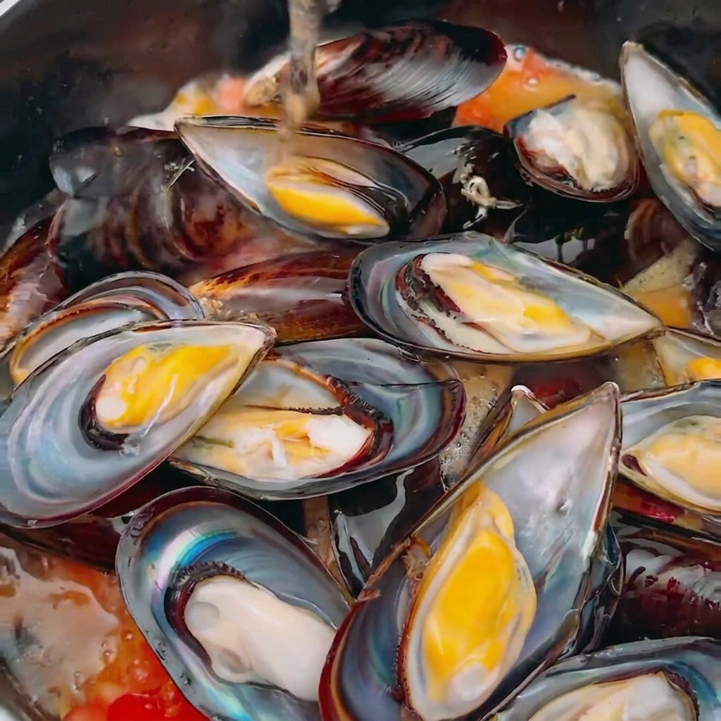 홍합과 토마토 위에 화이트 와인을 붓는 모습.