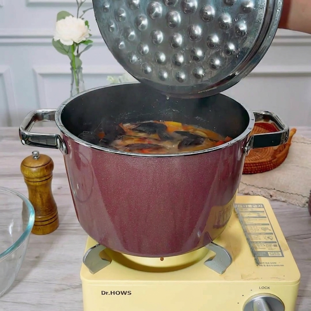 토마토 기반의 해산물 육수에 입을 벌리지 않은 신선한 조개를 넣는 모습.