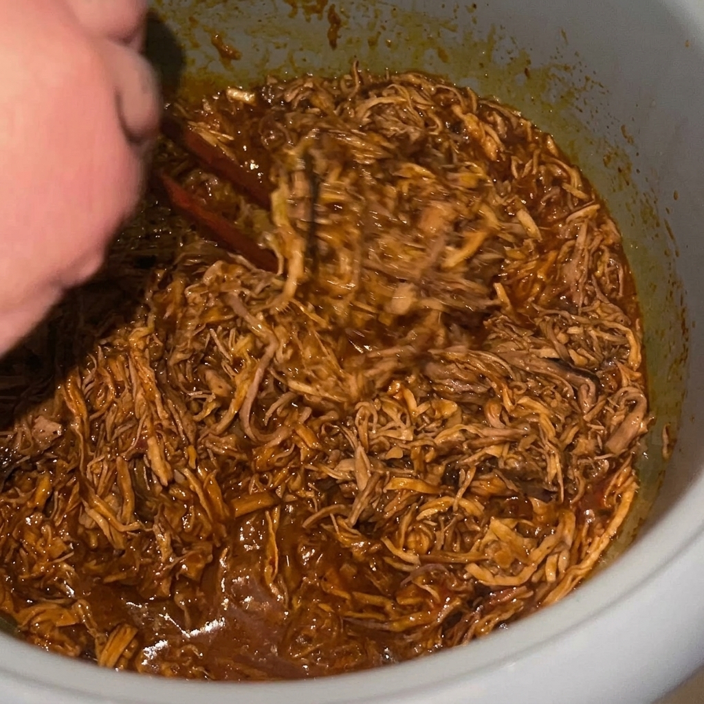 진한 소스가 담긴 냄비 안에서 완전히 찢어져 최종적으로 졸여지고 있는 풀드 포크.