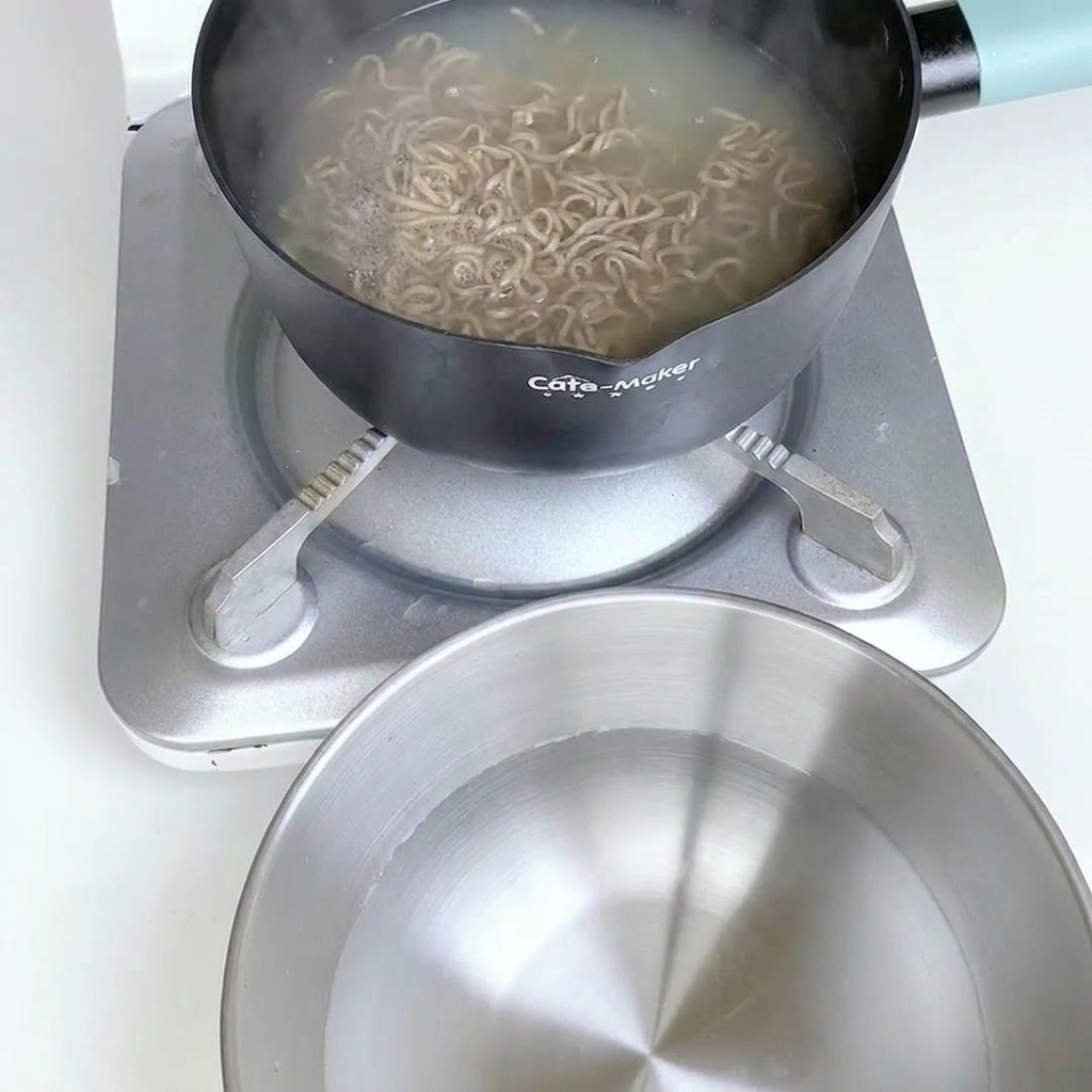 삶은 메밀국수를 체에 밭쳐 차가운 물에 헹구고 있는 모습.