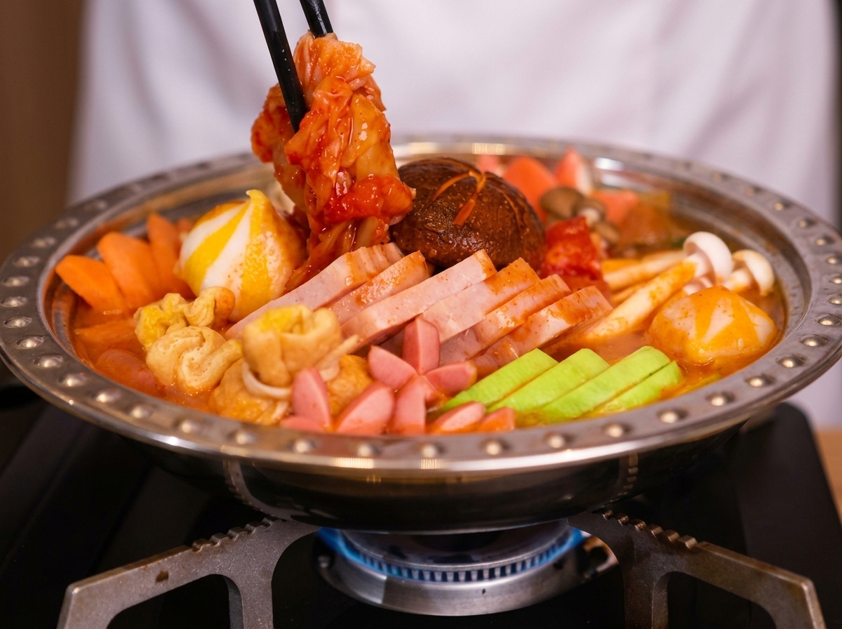 젓가락으로 김치를 넣고, 그 위에 치즈 한 장을 올릴 준비를 하는 모습.