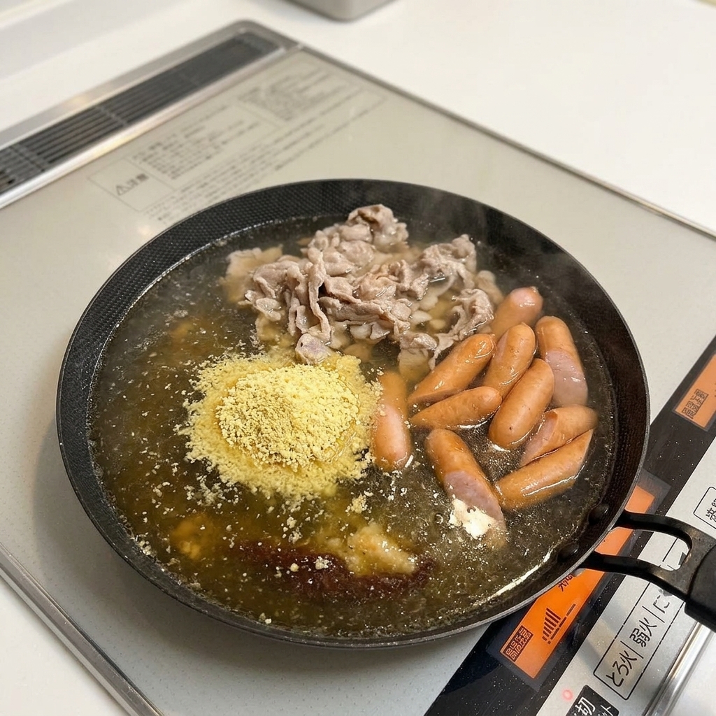 육수에 다진 마늘을 넣는 모습.