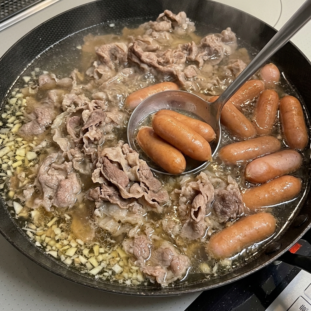 끓는 육수에 숙주와 대파를 넣는 모습.
