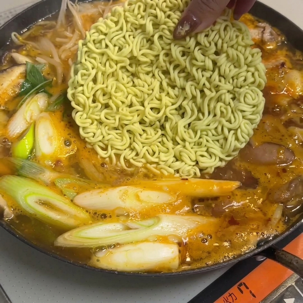 끓는 국물에 라면 사리와 떡을 넣는 모습.