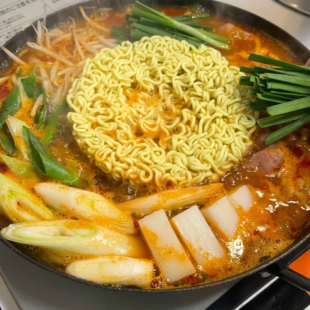 부대찌개 위에 신선한 부추를 고명으로 올리는 모습.