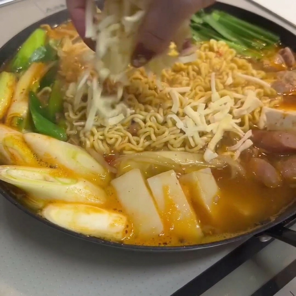 조리가 끝난 부대찌개 위에 치즈를 뿌리는 모습.