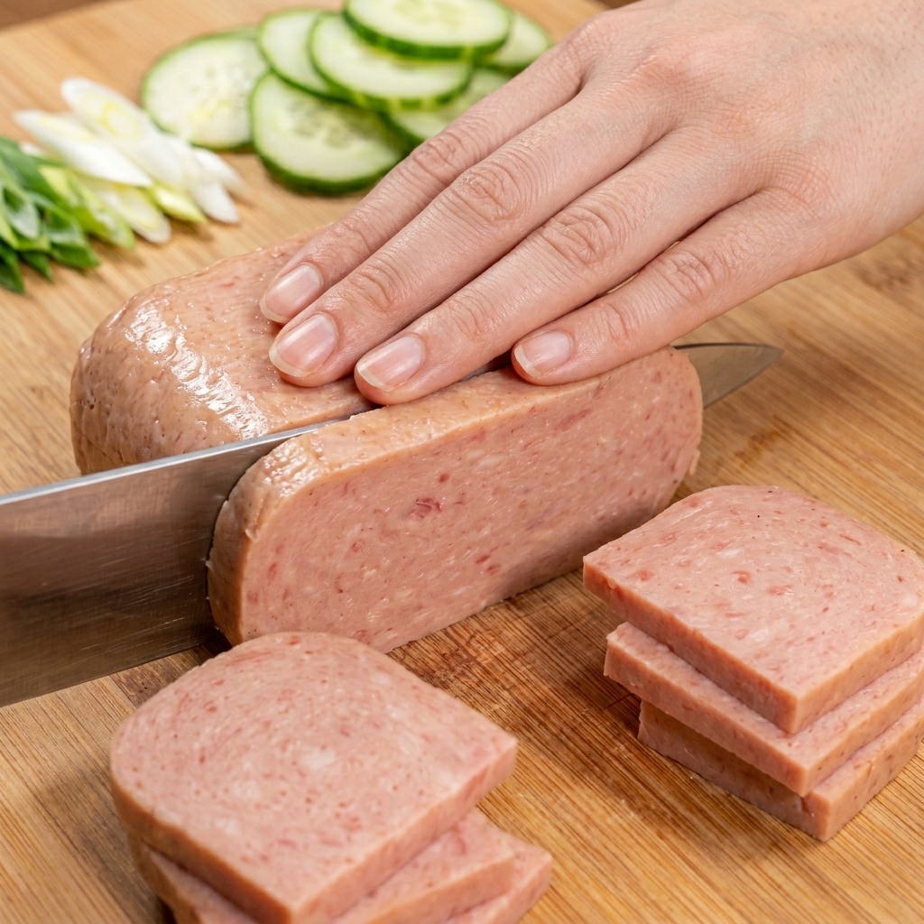 도마 위에서 일정한 직사각형 모양으로 썬 런천미트.